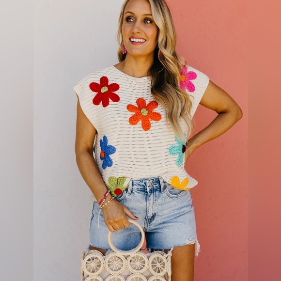 Ivory floral crochet knit dolman short sleeve boho bohemian sweater - Picture 9 of 12